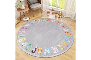 AKASISRUG Round ABC Kids Rug,5.2 ft Animal Alphabet Playroom Rug,Washable Non-Slip Cute Nursery Rug for Kids Room,Educational Kids Play Rug Classroom Carpet for Playroom Kids Room Bedroom Decor