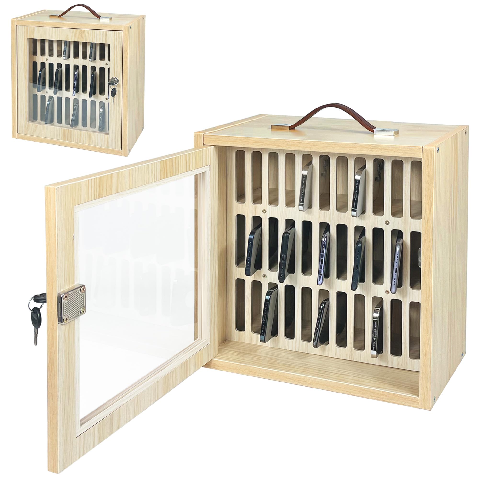 Photo 1 of koretech Phone Lock Box 33 Slots, Cell Phone Lock Box, Cell Phone Locker, Cell Phone Box, Phone Locker with Handle, Cell Phone Holder for Classroom and Company (Oak Color)