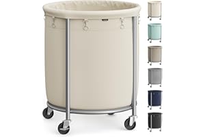 SONGMICS 50.2-Gallon (190 L) Laundry Basket with Wheels, Rolling Round Heavy-Duty Laundry Hamper Cart with Steel Frame and Removable Bag, 2 Locking Wheels, Cream White and Metallic Silver URLS01MZ