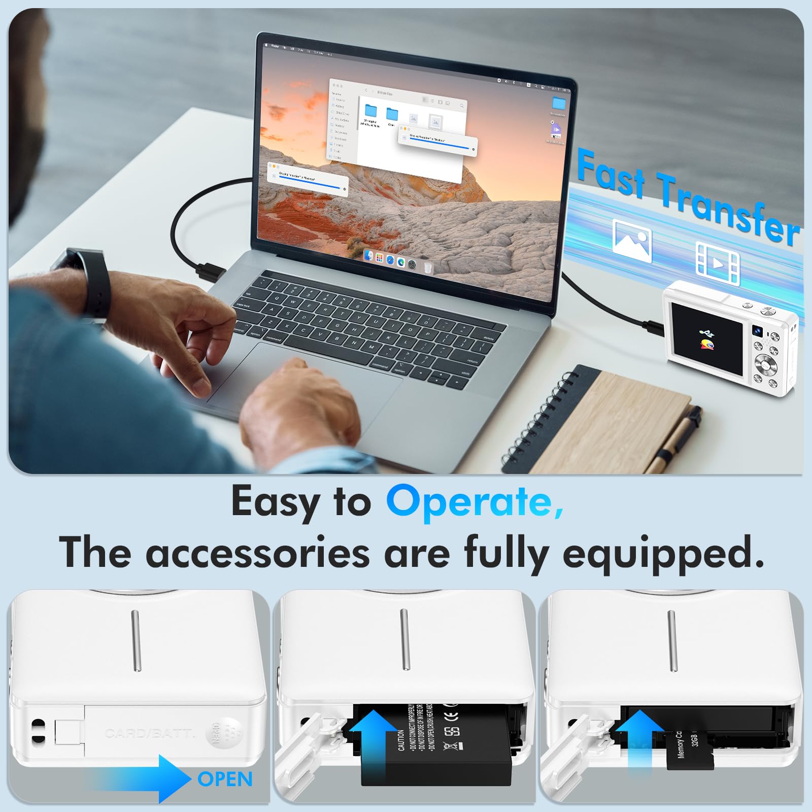 4K Digital Camera, 64MP Autofocus Vlogging Camera with Dual Lens, 16X Digital Zoom YouTube Compact Travel Point Shoot Camera for Teens Beginner, Anti-Shake,2 Batteries, 32GB Card (White)