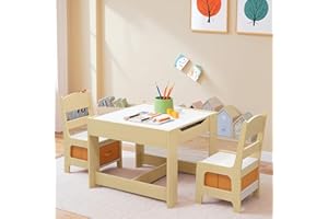 Arlopu Kids Table and Chair Set, 4 in 1 Wooden Children Activity Table w/Storage, Reversible Deskboard, Blackboard, Detachable Tabletop for Toddlers Art Crafts, Playroom, Drawing, Reading Natural