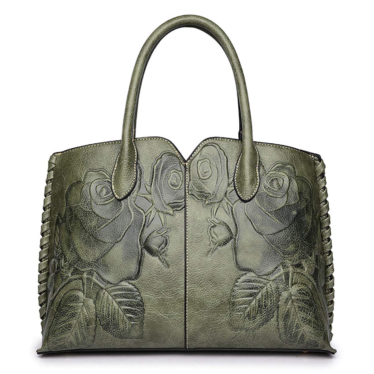 Coolives Women's Classical Flower Embossed Top Handle Bag Brownish green