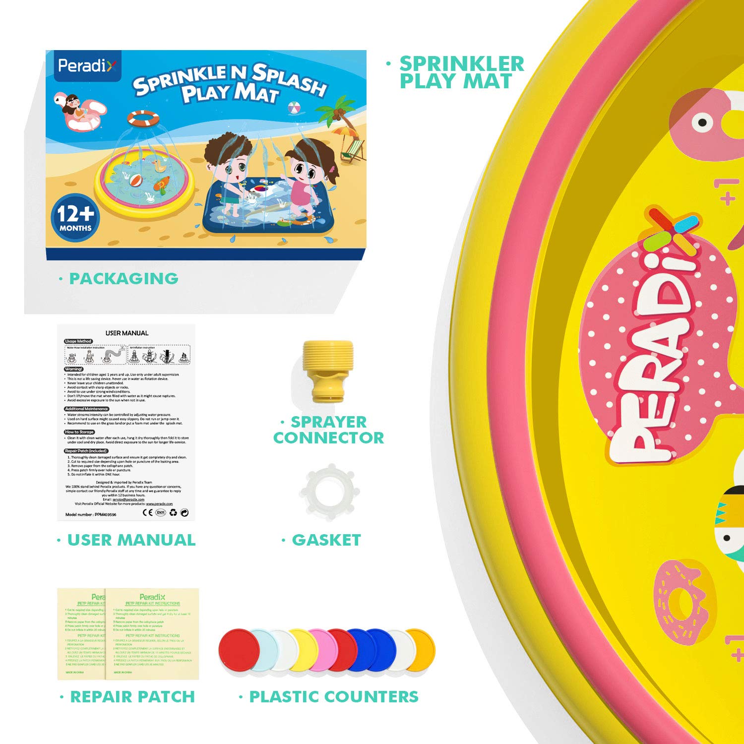 Peradix Tapis Enfant de Jet d\'eau, 2 en 1-170CM Piscine Bebe Gonflable de Jeux Natte a et Bassin avec Jet Fontaine pour Enfant,Tapis De Pulvérisation Garçons et Filles Splash Sprinkle Play Pad Mat