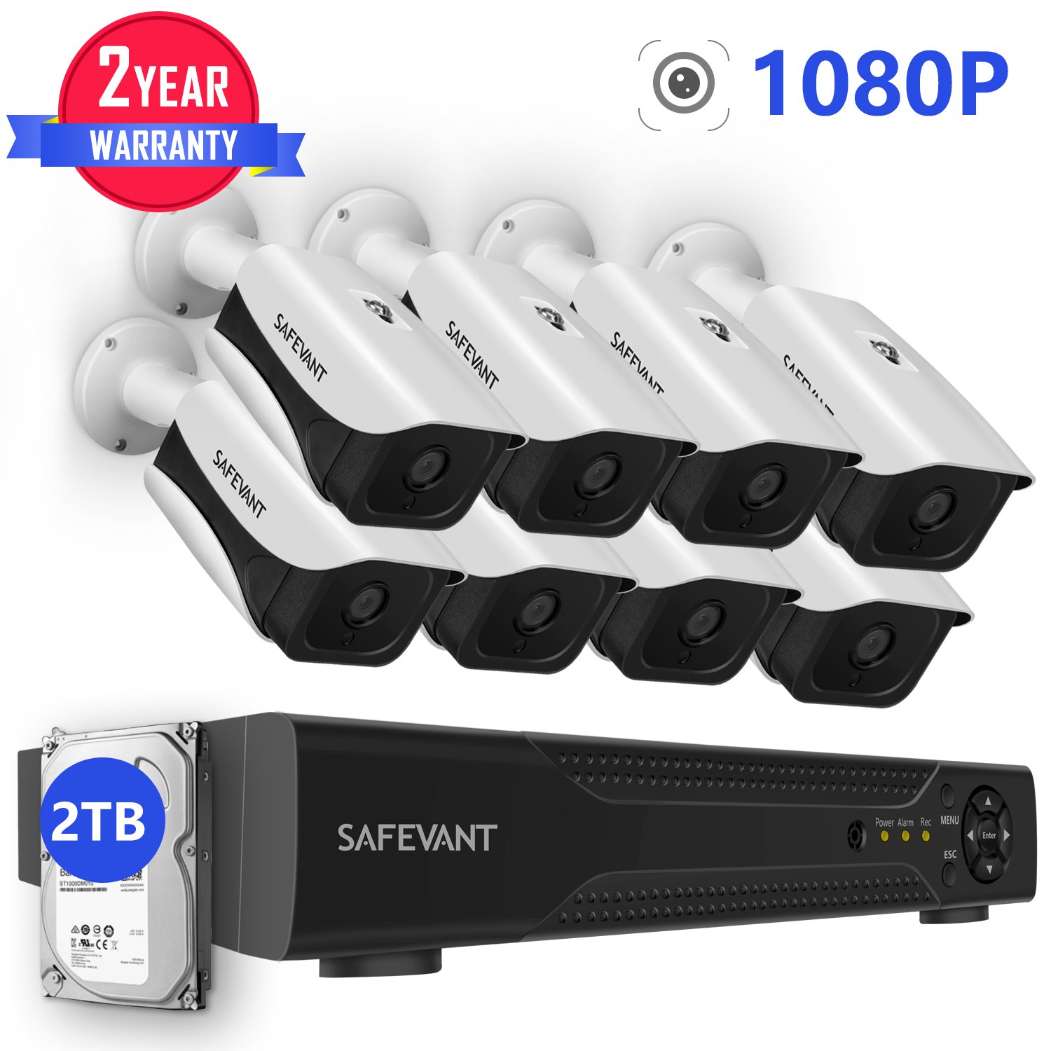 1080P Security Camera System,Safevant 8CH 5-in-1 DVR Home Camera System with 2TB Hard Drive, 8pcs 2MP Indoor Outdoor Cameras,Free App for Smartphone Remote Monitoring