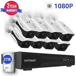 1080P Security Camera System,Safevant 8CH 5-in-1 DVR Home Camera System with 2TB Hard Drive, 8pcs 2MP Indoor Outdoor Cameras,Free App for Smartphone Remote Monitoring