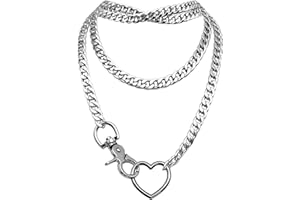 paloli Women's Slip Chain Rainbow Heart O-Ring Chunky Chain Necklace, Rays Cuban Long Layered Jewelry, Adjustable Lariat Y-Necklace Heart Loop Choker