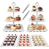 EXJEXJ 7 Pcs Dessert Table Display Set - 2 x 3 Tiered Cupcake Stand Holder ,2x Tongs,3 X Serving Tray Combo for Tea Party, Birthday, Baby Shower,Wedding-Wave Square (7)