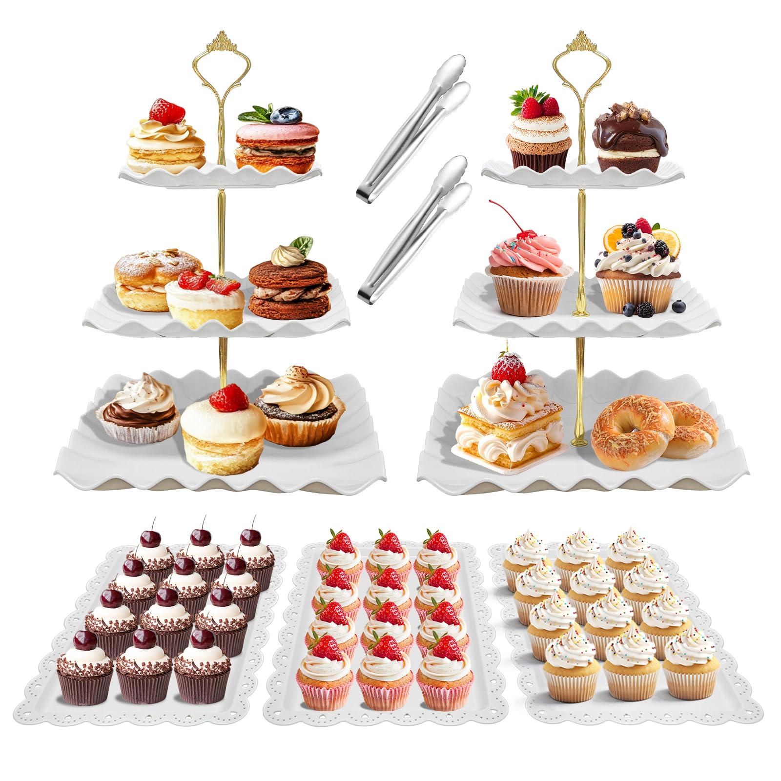 Photo 1 of 12 Pcs Dessert Table Display Set - 3 x 3 Tiered Cupcake Stand Holder, 2 x 2 Tiered Cupcake Stand Holder, 6 X Serving Tray Combo for Tea Party, 1x Tongs, Birthday, Baby Shower,Wedding-Wave Square (12)