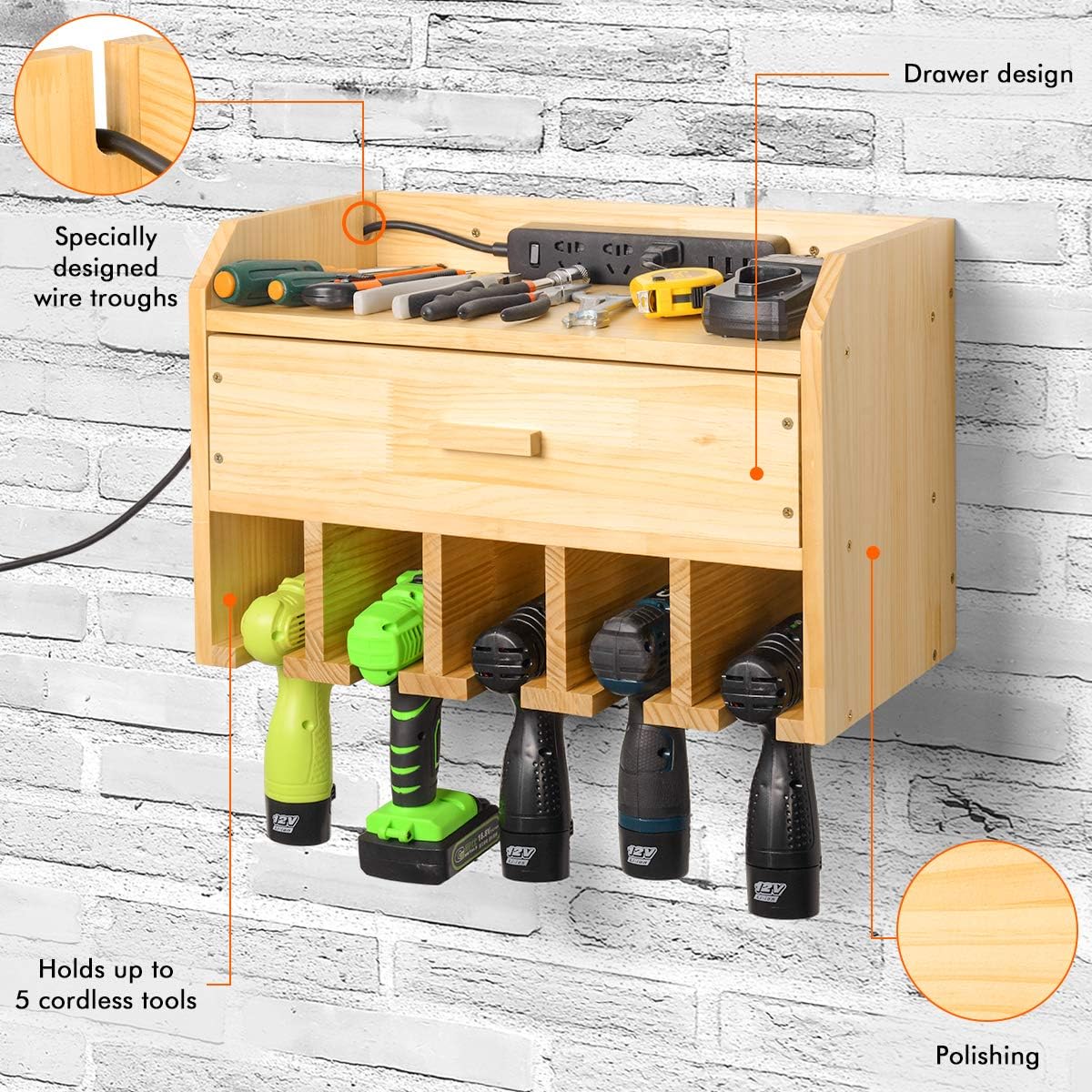 Sunix Large Power Tool Organizer – Wall Mount Storage Cabinet With 5 Drill Slots & Shelf