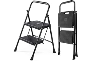 NEWBULIG 2 Step Ladder, Folding Step Stool with Safety Lock, Anti-Slip Design, Portable Foldable Ladder for Home Kitchen, Black