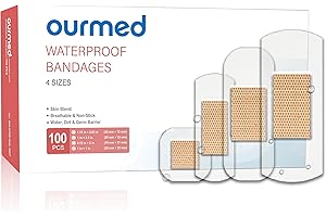Ourmed Waterproof Bandages, Clear Adhesive Bandages for First-Aid, Wound Care, Fingers, Knees and Heels, Stays on Skin in The Bath, Shower or Pool, Assorted Sizes, 100 Count