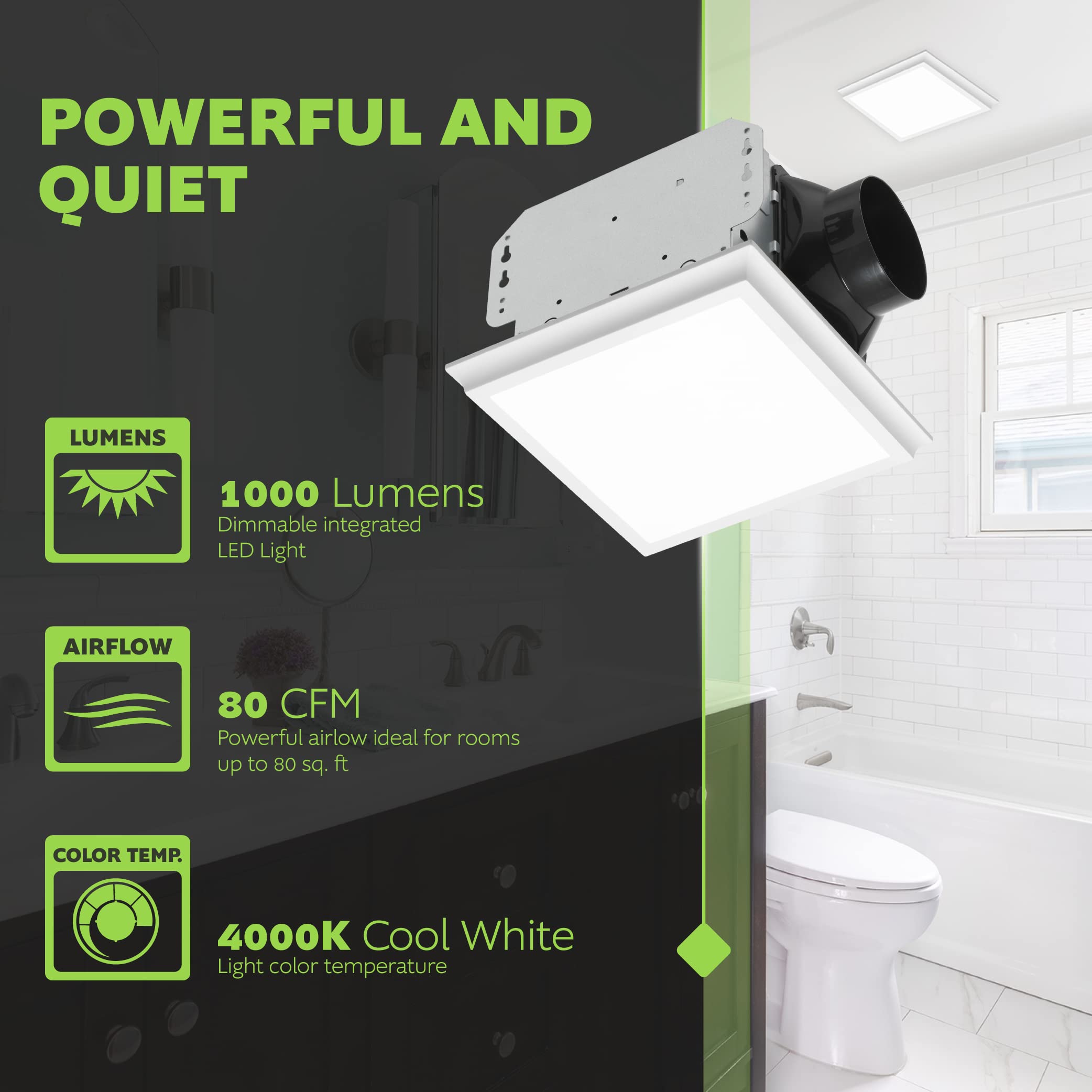 Homewerks 7141-80-G4 Bathroom Fan Integrated LED Light Ceiling Mount Exhaust Ventilation Whisper Quiet 1.1 Sones 80 CFM, White