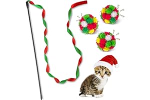 Retro Shaw Christmas Cat Toys, Christmas Cat Wand Teaser Toys and Cat Fuzzy Balls with Bell Inside, Interactive Cat Toys for Indoor Cats Kittens Kitty, 4 Pack