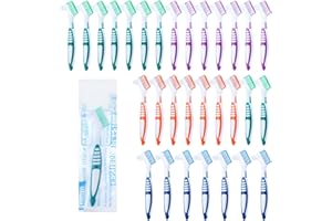 Meyeyaia 30pcs Denture Toothbrush Set, Hard and Soft Double Bristle Denture Brush, 4 Colors Optional Denture Care Cleaning Brush, Rubber Non-Slip Handle for Denture Brushes