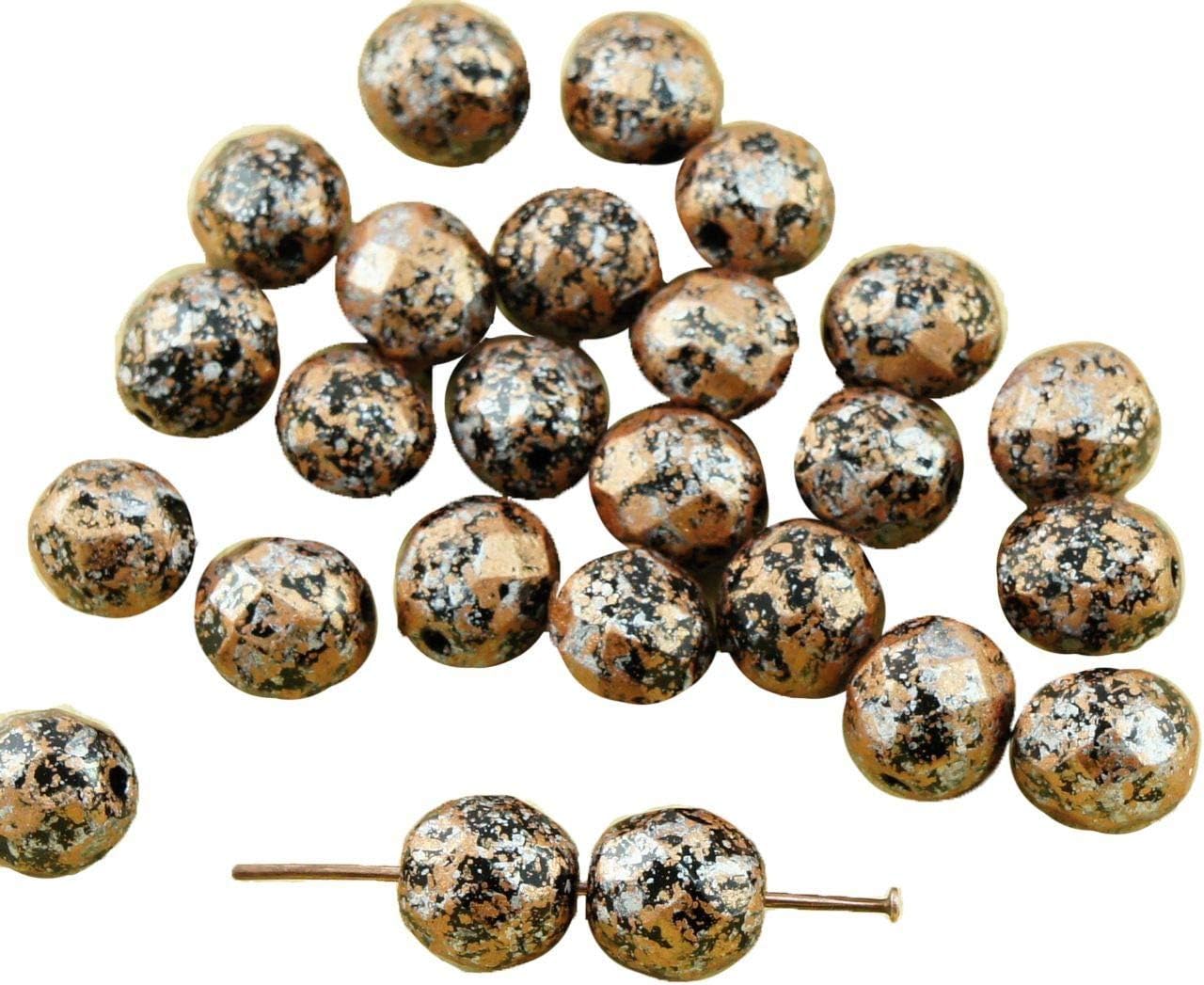 20pcs Opaque Jet Black Granite Light Copper Silver Tweedy Patina Czech Glass Round Faceted Fire Polished Beads 8mm