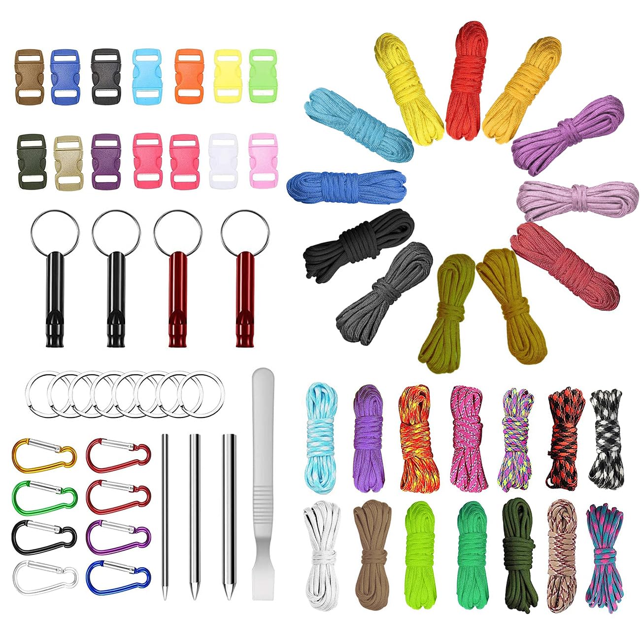 Paracord 550 Set 26 Colours, Multifunctional Nylon Rope, Buckles with Needles for Making DIY Bracelet, Dog Lead or Collar, Lanyard, Key Fob
