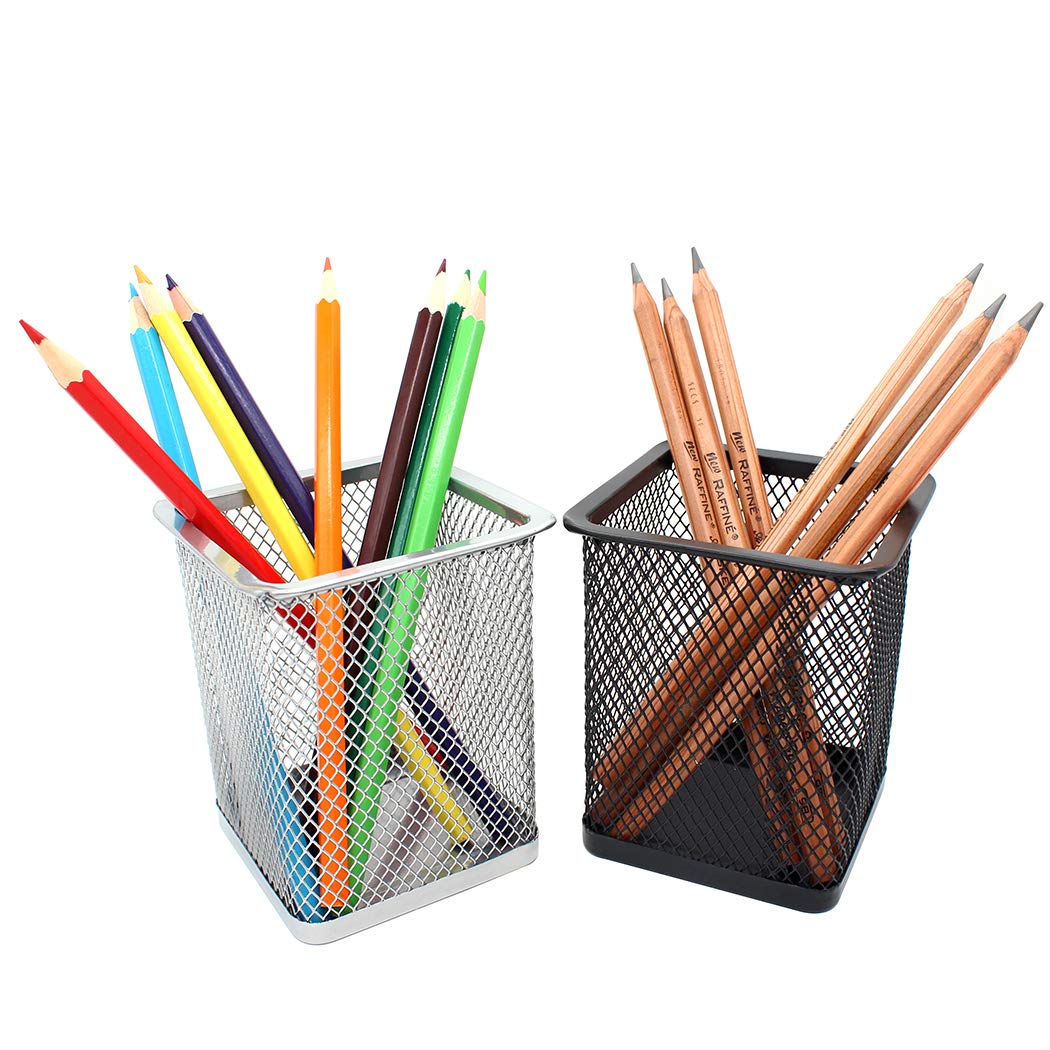 Gullor Square Desktop Pencil Holder, Office Supplies Desk Organizer Makeup Brush Holder, Set of 2, Black and Silver