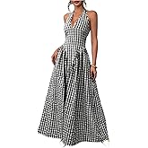 Floerns Women's Plaid Deep V Neck Halter Dress Ruffle Ruched Sleeveless A Line Maxi Dresses