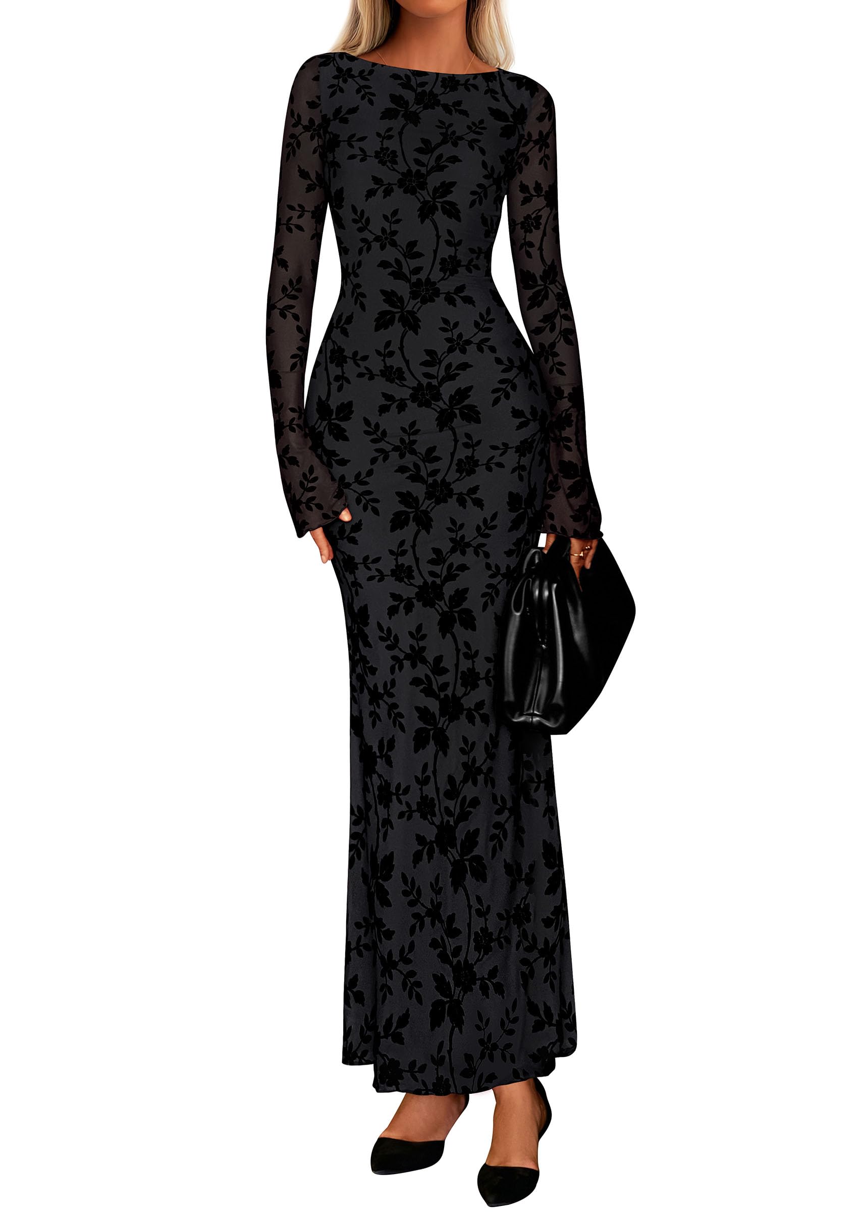 Photo 1 of PRETTYGARDEN Women's Floral Bodycon Maxi Dress 2025 Fall Elegant Mesh Long Sleeve Formal Wedding Guest Cocktail Dresses (Black,XX-Large)