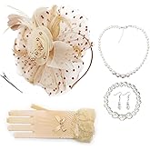 AQOKKA Women Fascinators Hats Veil Mesh Tea Party Derby Hat Bow Lace Gloves Pearl Jewelry Set for Women Cocktail Wedding