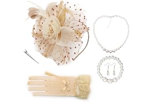 AQOKKA Women Fascinators Hats Veil Mesh Tea Party Derby Hat Bow Lace Gloves Pearl Jewelry Set for Women Cocktail Wedding