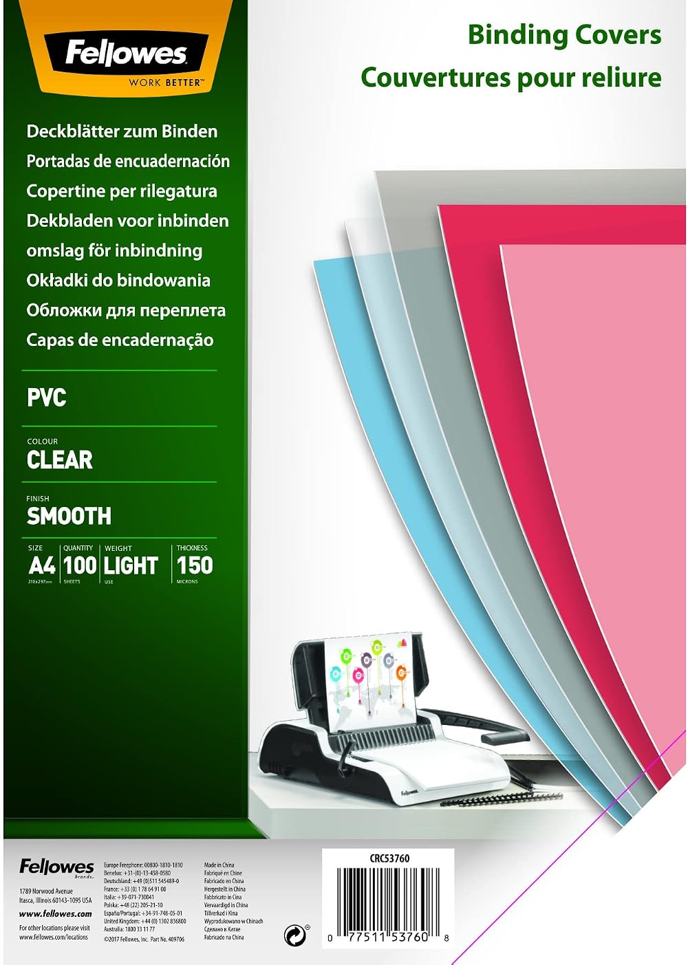 Fellowes A4 Clear PVC Binding Covers 150 Micron Pack of 100