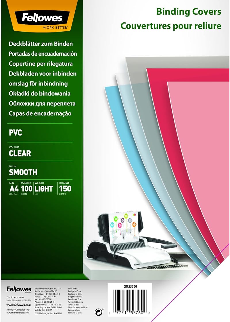 Fellowes A4 Clear PVC Binding Covers 150 Micron Pack of 100