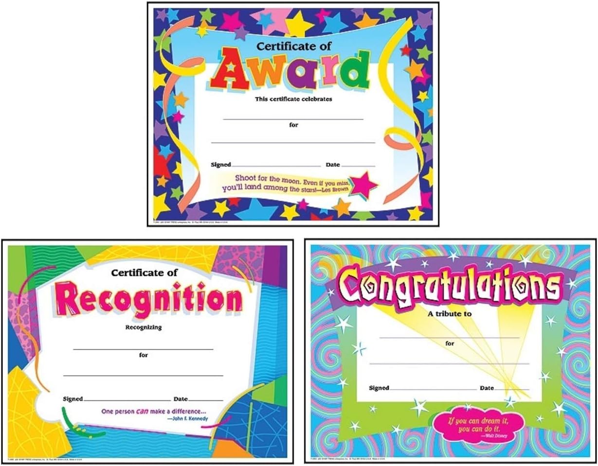 Colorful Award Certificates for Students and Professionals: Certificate of Award, Certificate of Recognition, Congratulations Certificate | Set of 3, Each Contains 30 Per Pack, 8.5 Inch x 11 Inch