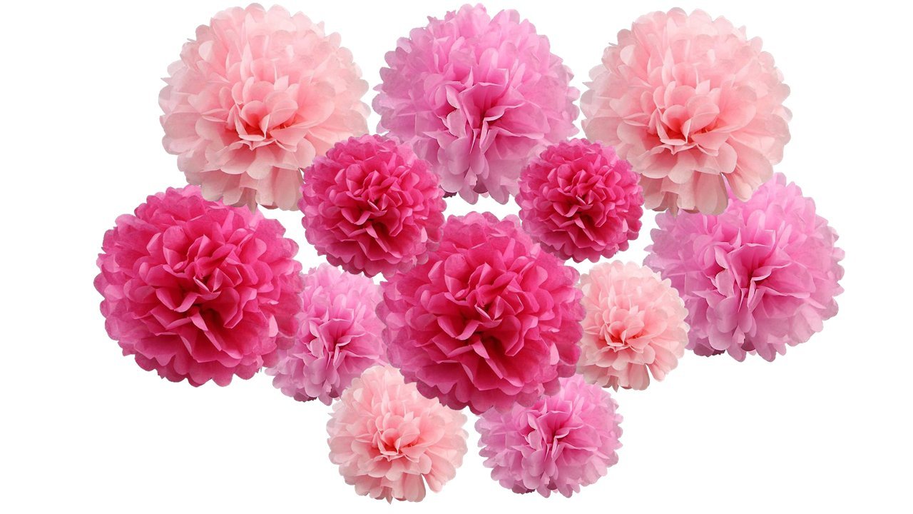 pack of 12 Pack Mixed Tissue Paper Pompom Pom Pom Hanging Garland Wedding Party Decorations (Pink Shade, mix 8" & 10" (20 cm & 25 cm))