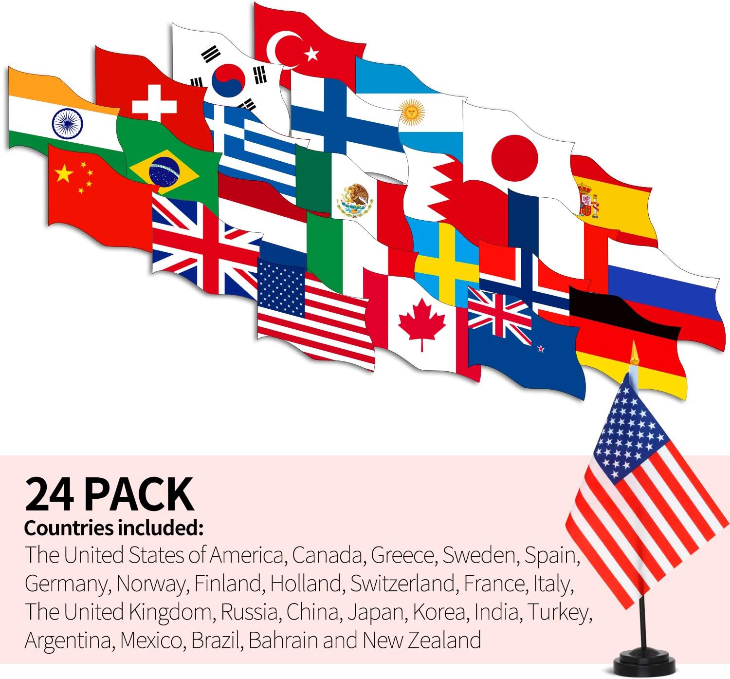 ANLEY 24 Countries Deluxe Desk Flags Set, 8 x 5 Inches Miniature American US Desktop Flag with 13" Black Pole - Image 3