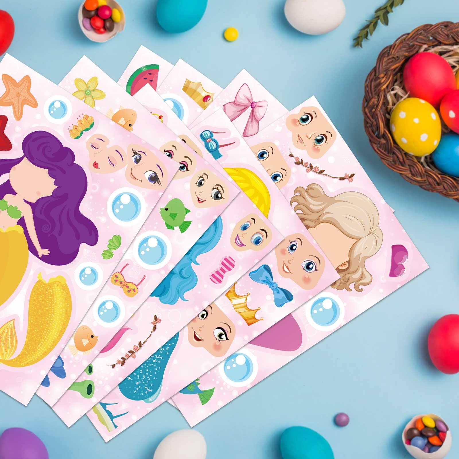 24 Sheets Mermaid Stickers Make Your Own Stickers Party Favors Mermaid Make A Face Sticker for Kids Party Favors,Classroom Teacher Rewards, Art Craft Supplies