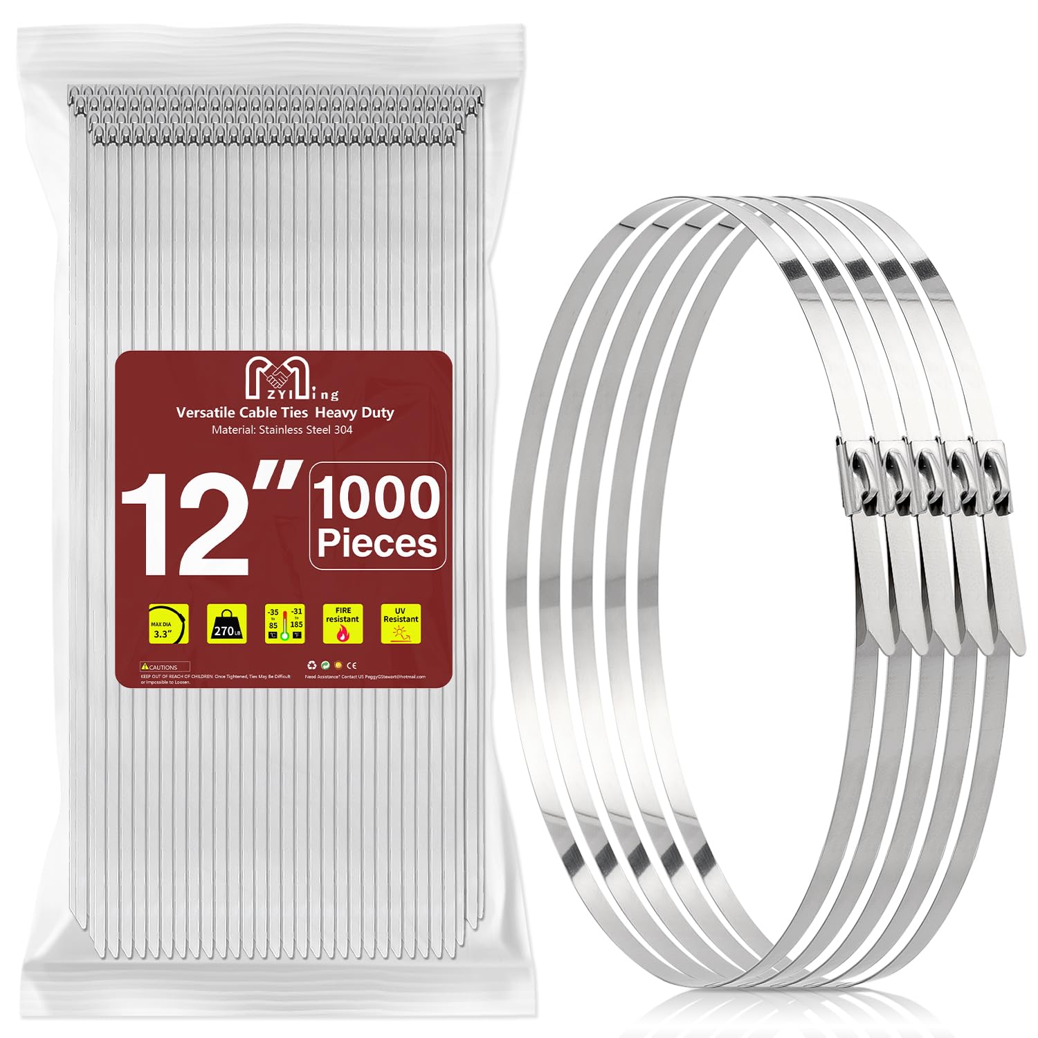1000 Pack Metal Zip Ties 300mm Stainless Steel Cable Ties Heavy Duty Self-Locking Wire Ties Load-Bearing Tension 122kg High Temp Zip Ties for Industrial Strapping UV Resistant