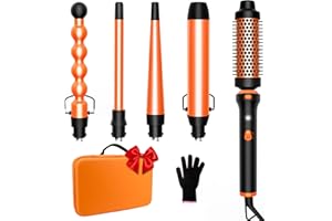 Lanumi 5 in 1 Curling Iron Set Include Curling Brush and 4 Interchangeable Ceramic Curling Wand（0.5"-1.25"）， Fast Heating Up Dual Voltage Waver Hair Curler，Gift for Women (Orange)