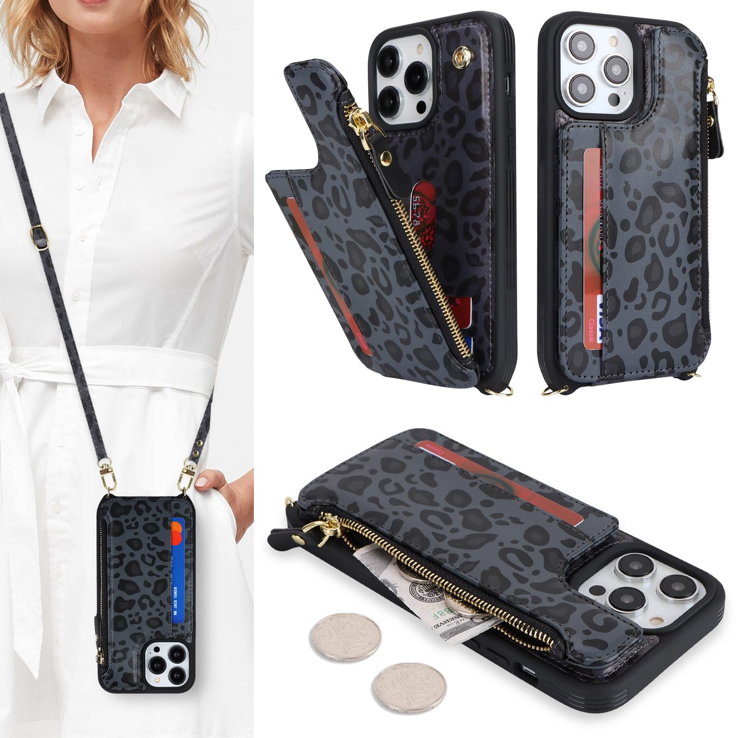 SailorTech for iPhone 14 Pro Phone Case with Credit Card Holder for Women, iPhone 14 Pro Leather Case Wallet Crossbody with Credit Card Slots Zipper Shockproof Case for Men - Black Leopard