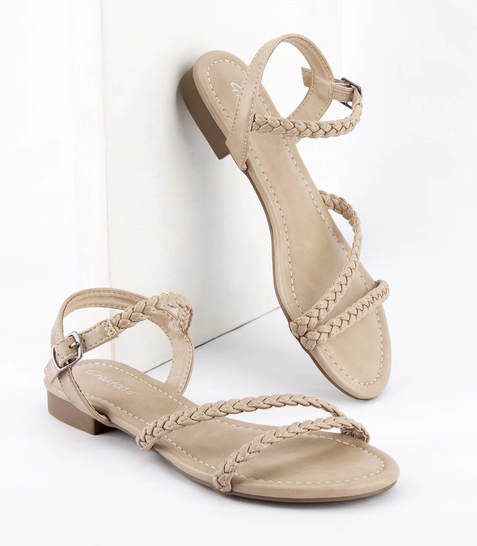 Greatonu Women’s Flat Sandals Slip On Summer Gladiator Open Toe Braided Slingback Shoes