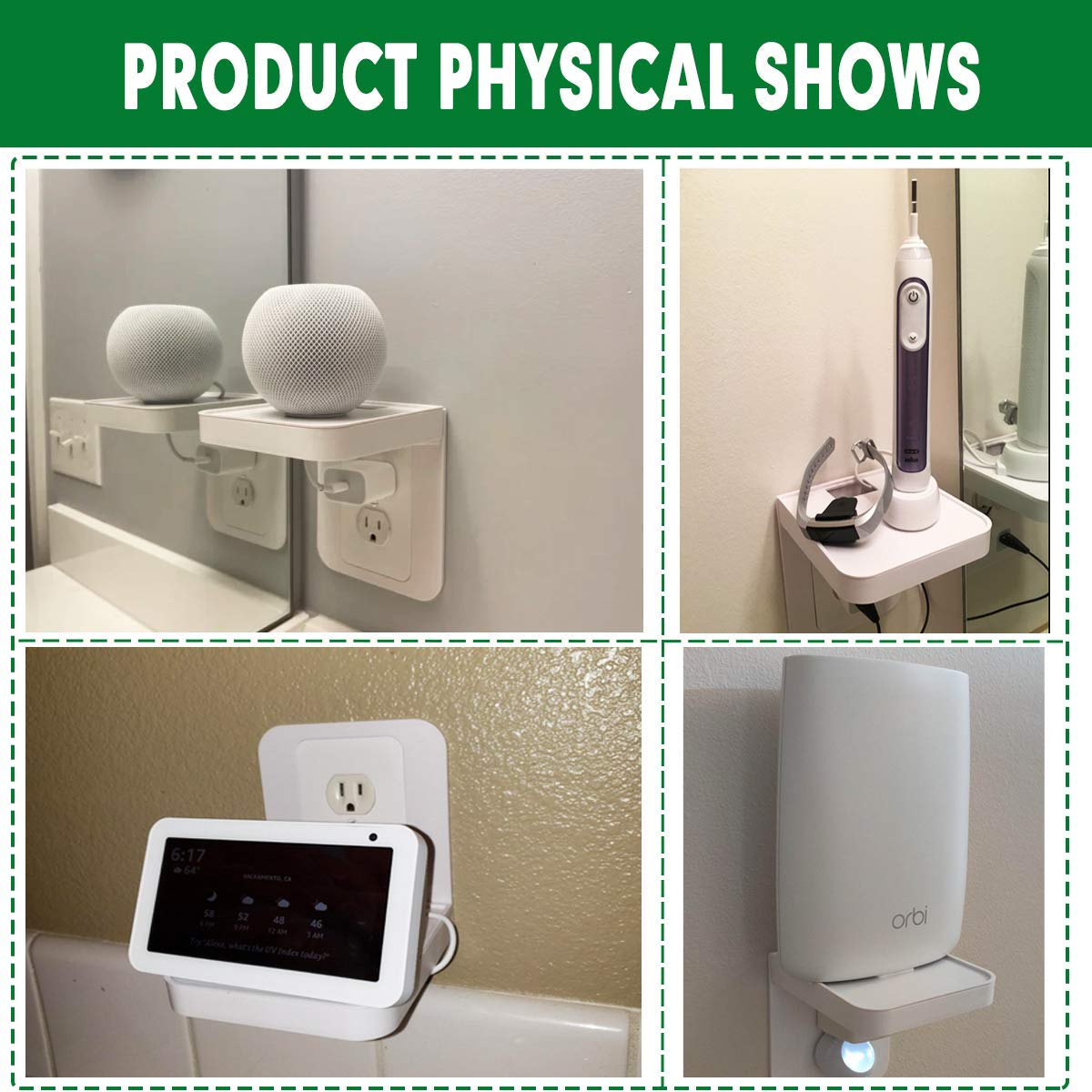 Outlet Shelf Holder Fit for Decorator Receptacle, Bathroom Decor Built-in Cable Management,Space Saving Homepod Mini,Google Home/Echo/Smart Speakers/Electric Toothbrush/Cell Phone (Decora)
