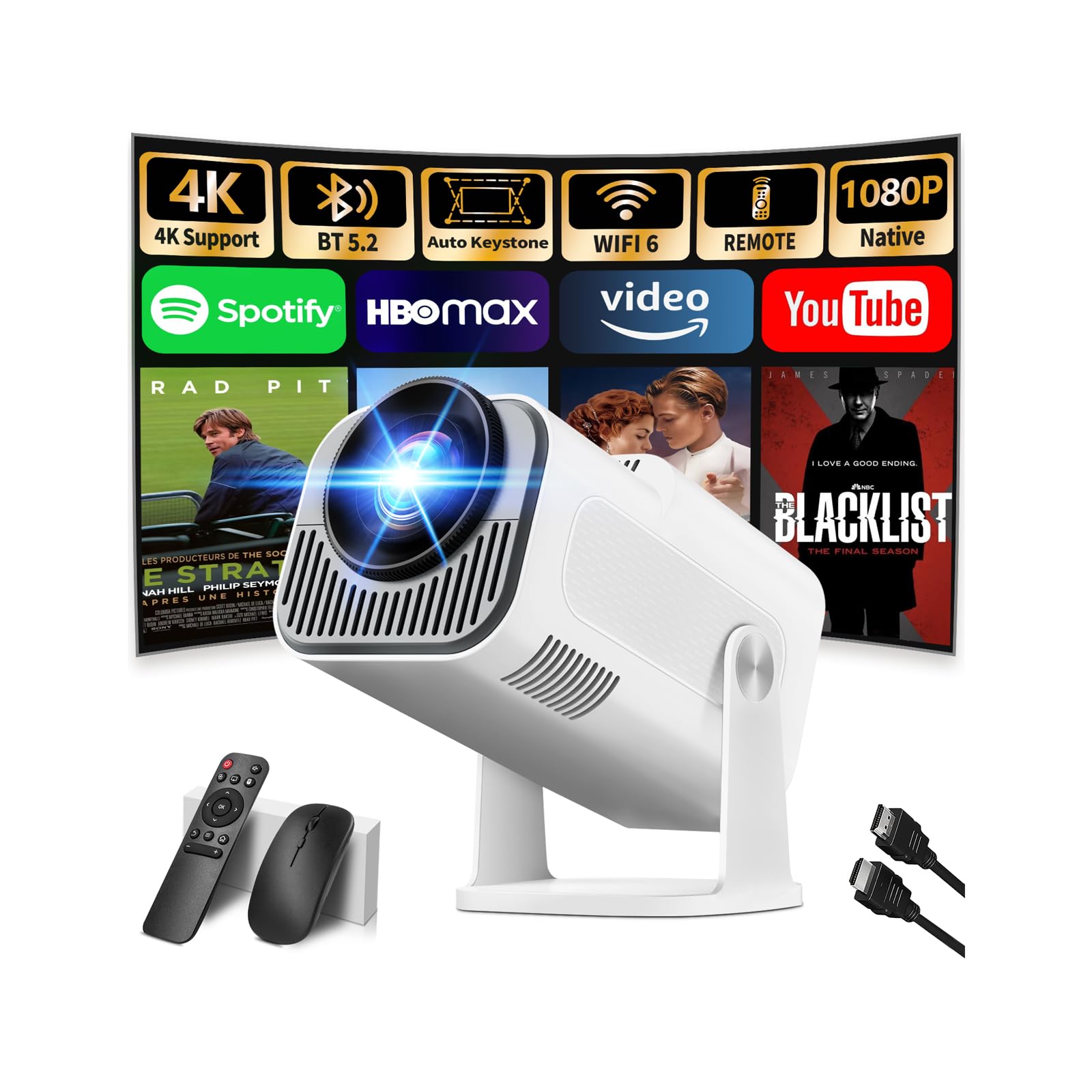 Photo 1 of [Projector 2026 Upgraded] Mini Projector Support 4K 1080P Auto Keystone 270°Rotatable with WiFi 6 and Bluetooth 5.2 Projector Portable Compatibile with HDMI/TV Stick/Memory Stick/Laptop,White