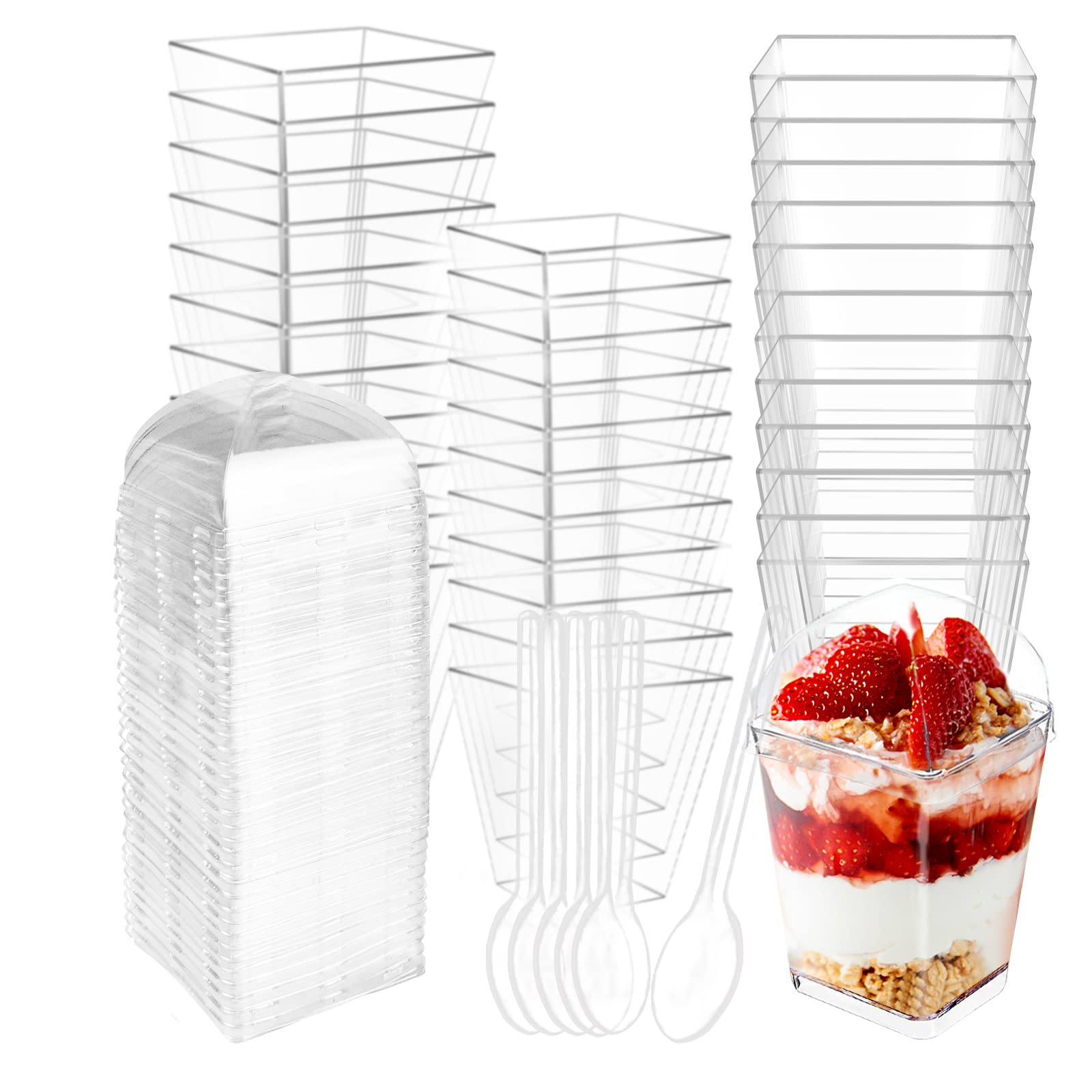 Photo 1 of Wiaregom 50 Count 5OZ Dessert Cups with Lids and Spoons Square Plastic Dessert Cups Clear Parfait Appetizer Mini Bowls for Tasting Party Desserts Mousse Ice Cream