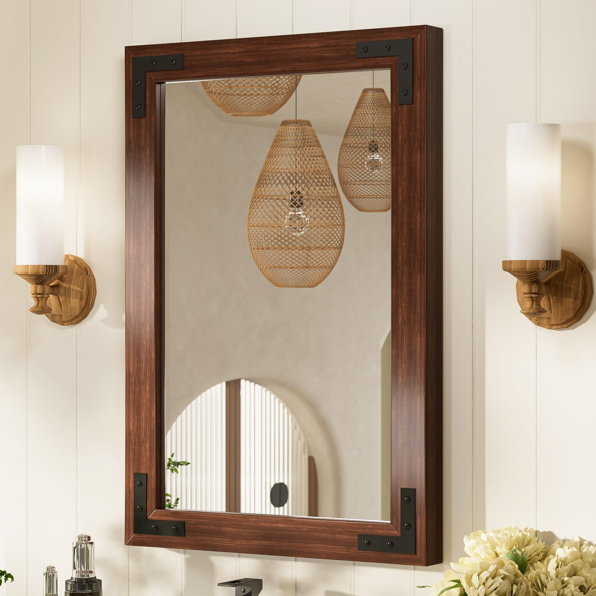 Photo 1 of TETOTE 18 x 26 Walnut Wood Mirror for Bathroom Wall/Bedroom/Living Room/Entryway Farmhouse Rustic Bathroom Vanity Mirror for Over Sink Waterproof (Horizontal/Vertical Mounted)