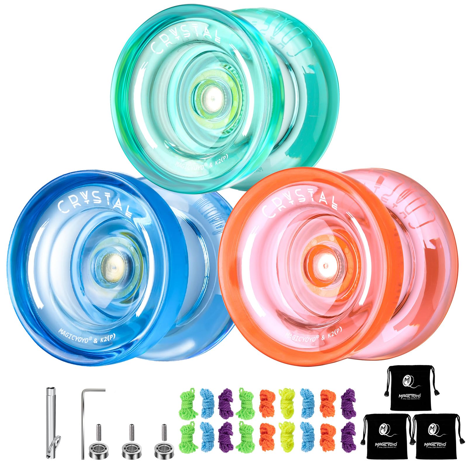 Photo 1 of MAGICYOYO K2 Crystal Yoyo Pack of 3, Responsive Yo Yo for Kids, Professional Dual Purpose Yo-yos Replacement Unresponsive Bearing for Adults/Advanced+18 Strings+Accessory Kit(Green+Blue+Orange)