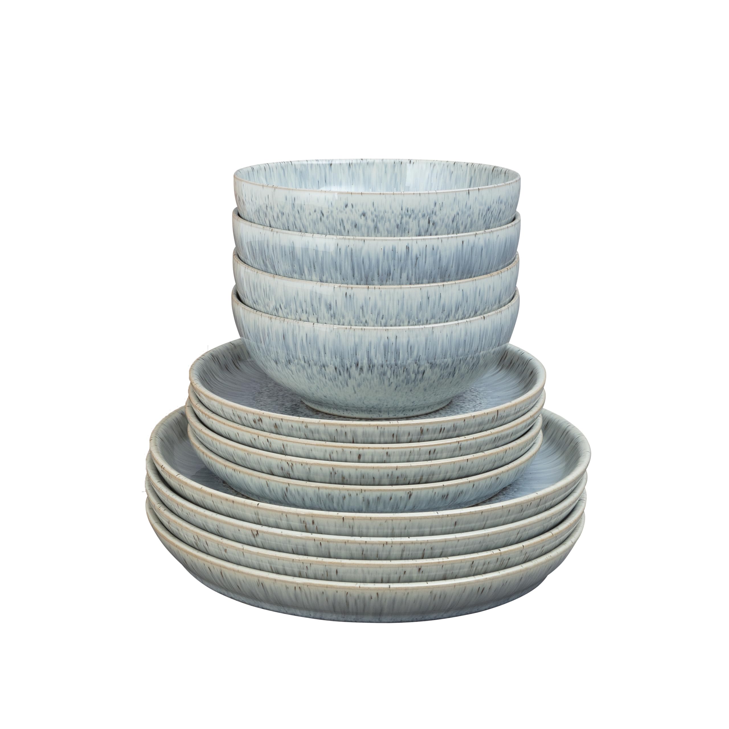 Denby - Halo Speckle Coupe Dinner Set for 4-12 Piece Ceramic Reactive Glaze Tableware Plate & Bowl Set - Dishwasher Microwave Safe Stoneware Crockery - 4 x Dinner Plates, Medium Plates, Cereal Bowls