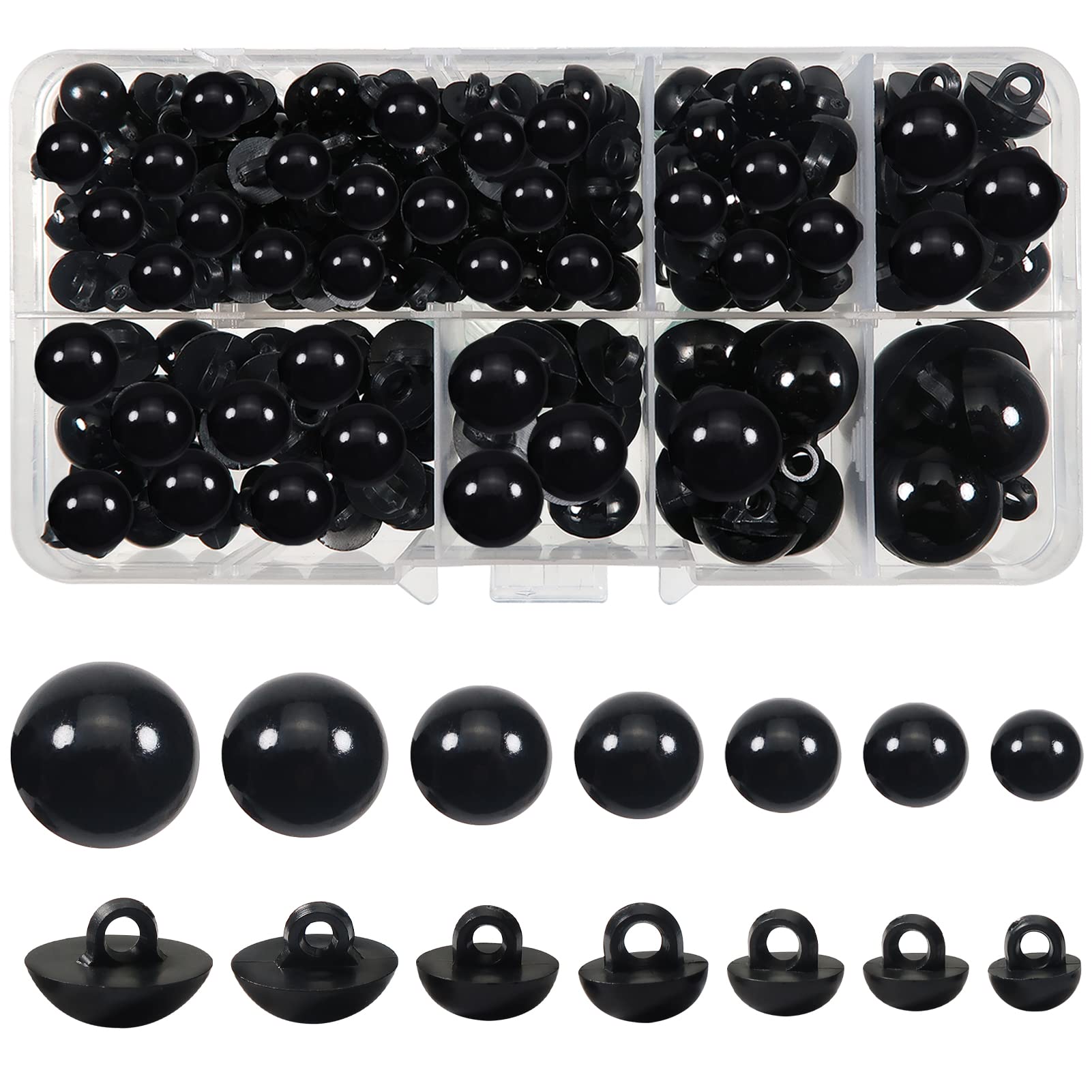 TOAOB 200 pcs Sew on Mushroom Domed Eyes Round Black Buttons Plastic Safety Doll Eyes Craft Eyes 8 mm to 17 mm for Soft Doll Making DIY Craft Plush Animals