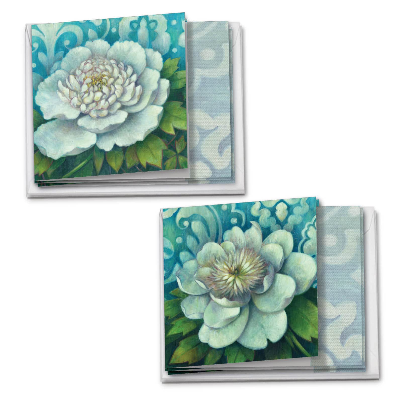 MQ4594OCB-B6x2 Blue Magnolia: 10 Assorted 'Square-Top' Blank, All Occasions Note Cards Featuring Images of Beautifully Painted White Flowers in Full Bloom with Envelopes.