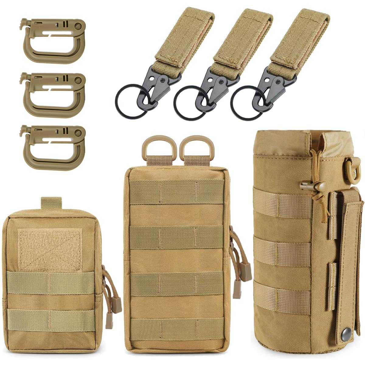 MUCHER 3 Pack Molle Pouches Tactical Waist Bags EDC Utility Pouch Waist Bag with 3 Hooks and 3 Keychains for Outdoor Hiking Hunting Camping Training Travelling (Khaki) โ image 1
