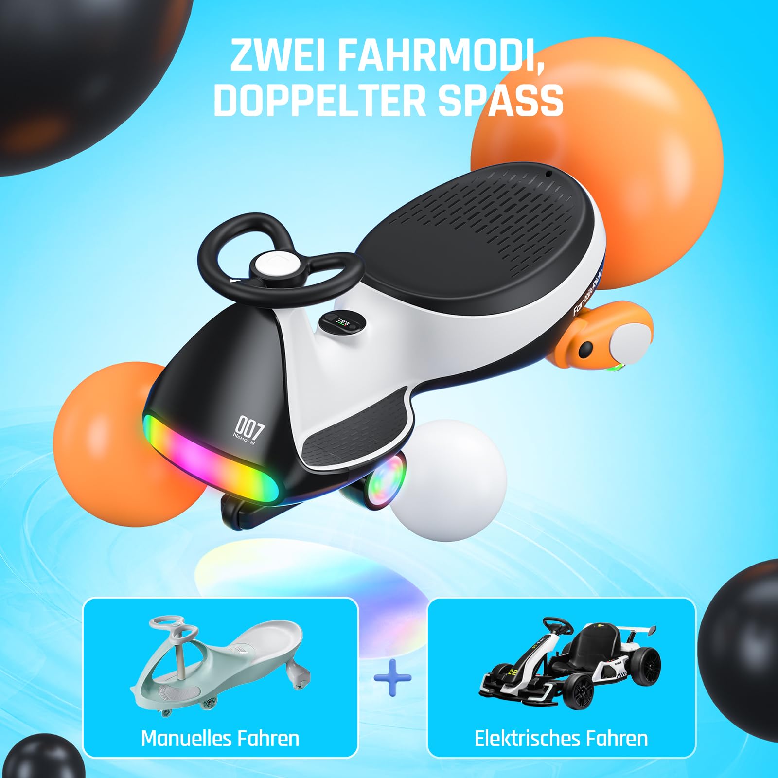 FanttikRide N7 Ultra Elektrisches Kinderauto mit Pedal, Kinder Auto, MagicMute Motor, 2 Geschwindigkeiten, 9 Farbmodi, Digitalanzeige, Bluetooth, für Kinder ab 3 Jahren, 68KG, Pinguin Schwarz 2