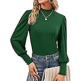 Qirno Womens Mock Neck Puff Long Sleeve Tops Casual Loose Solid Basic T Shirt Button Cuffs Pullovers Shirts Blouse