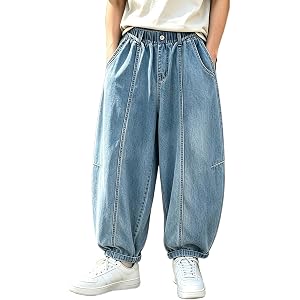 Boys Baggy Jeans Wide Leg Elastic High Waist Cute Washed Y2k Denim Pants | Teen Kids Straight Button School Jean Sweatpants T