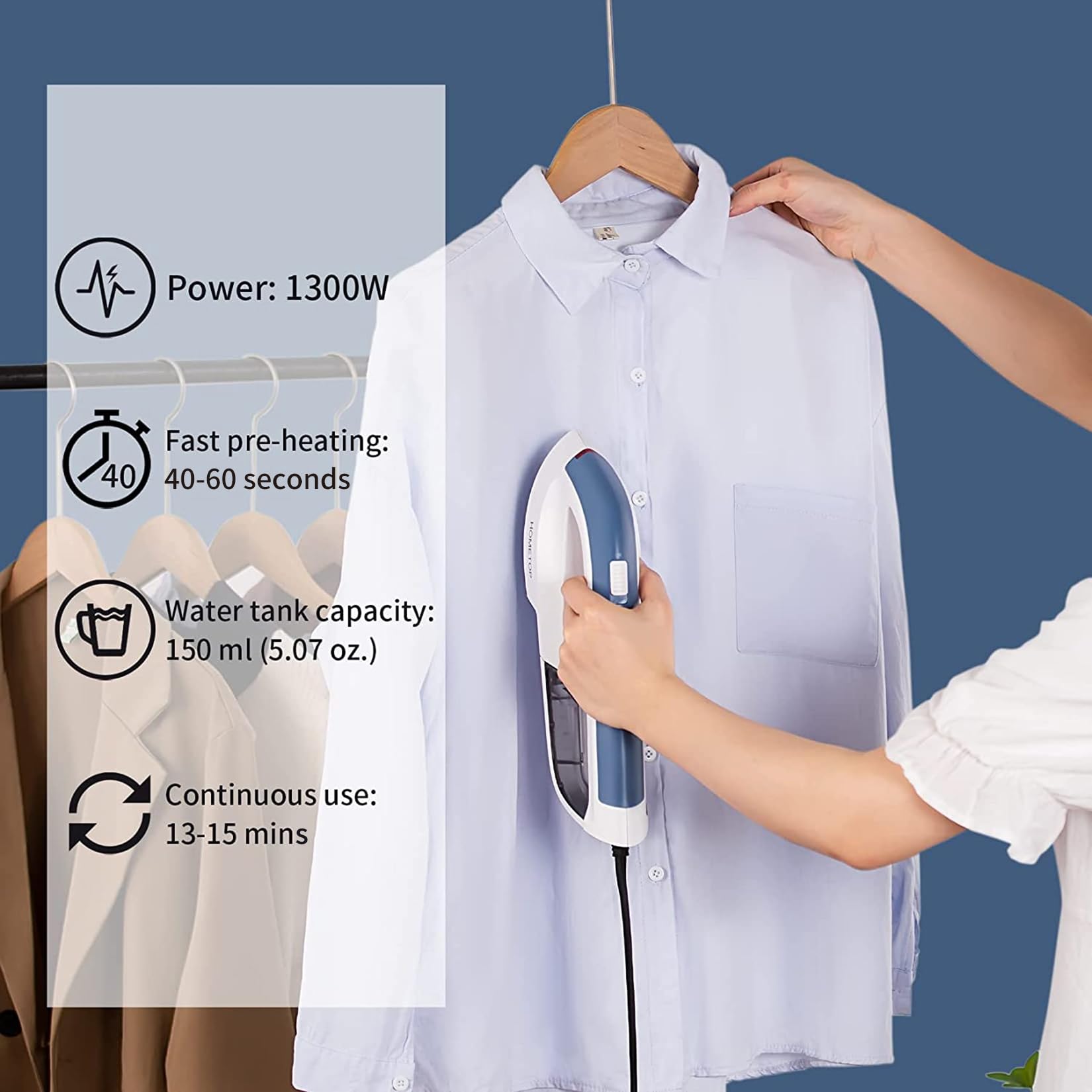 HOMETOP Professional Handheld Steamer, Garment Steamer Iron for Clothes, 1300W 40s Rapid Heat Up Fabric Wrinkle Remover, Portable Steamer Iron for Home and Travel (Blue)