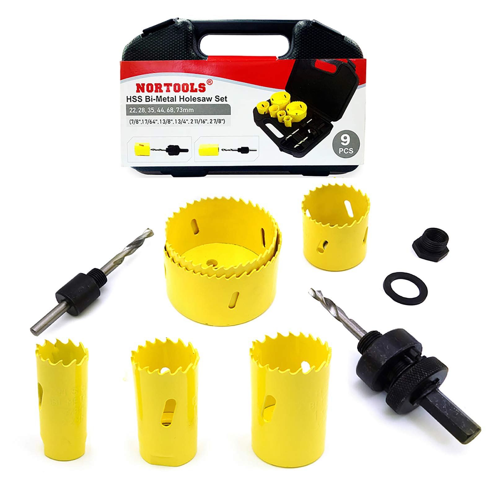 NORTOOLS Hole Saw,9PCS HSS M3 Bi-metal Holesaw Kit Cuttting Tool Drill Bit Sets for Softwood Plastic Plate Thin PVC Board Aluminum Brass 22 28 35 44 68 73 mm