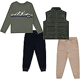 STITCH & STONE 4 Piece Toddler Boys' Outfit Set Long Sleeve Dinosaur Graphic Shirt, Puffer Vest, and 2 Jogger Sweatpant